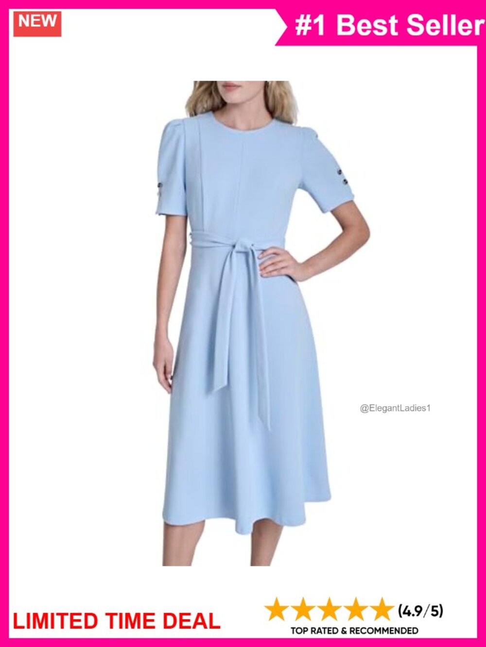 Short Puff Sleeve Jewel Neck Midi Scuba Crepe Dress Removable Belt